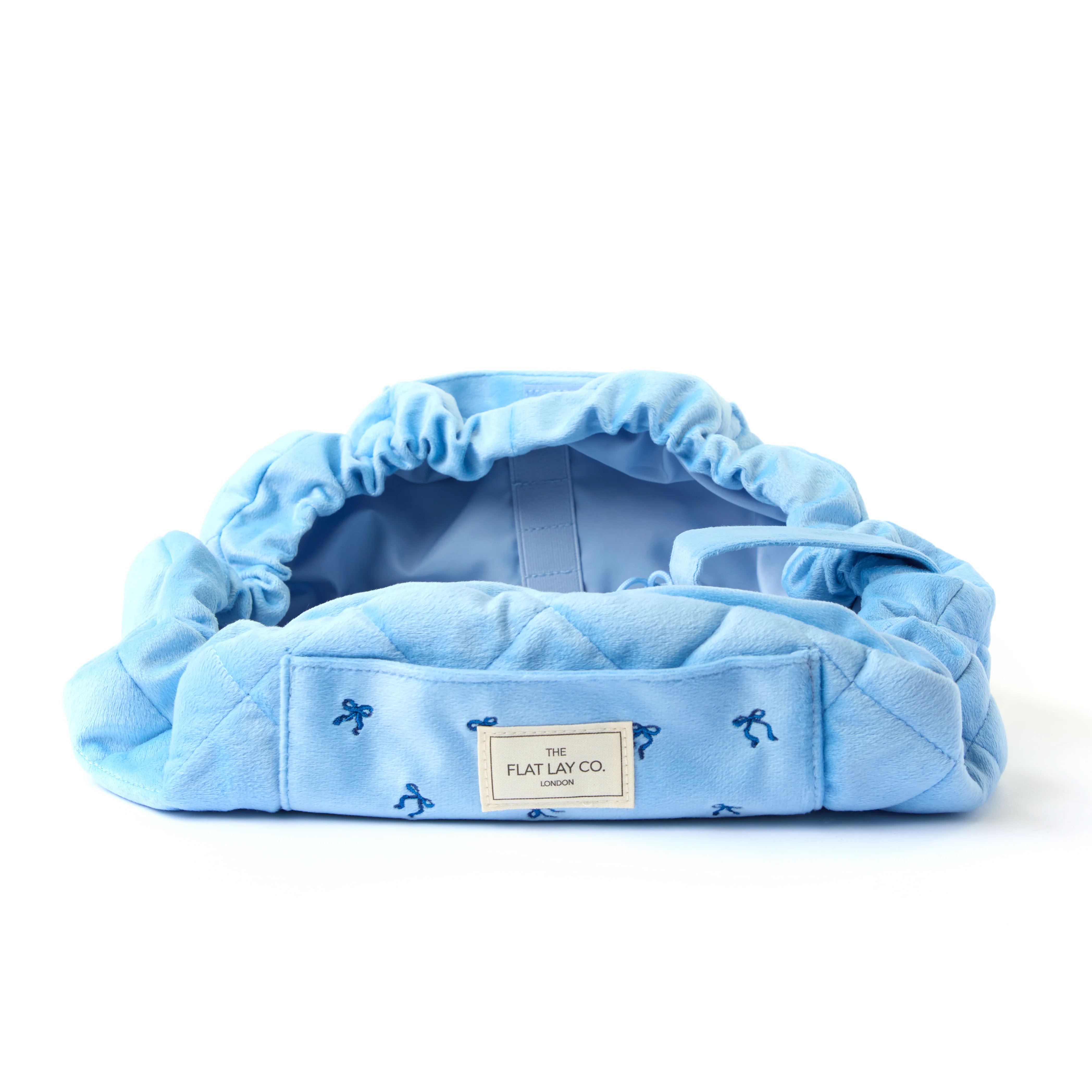 Drawstring Flat Lay Makeup Bag - Ditsy Bows Blue Embroidered Velvet - Image 5