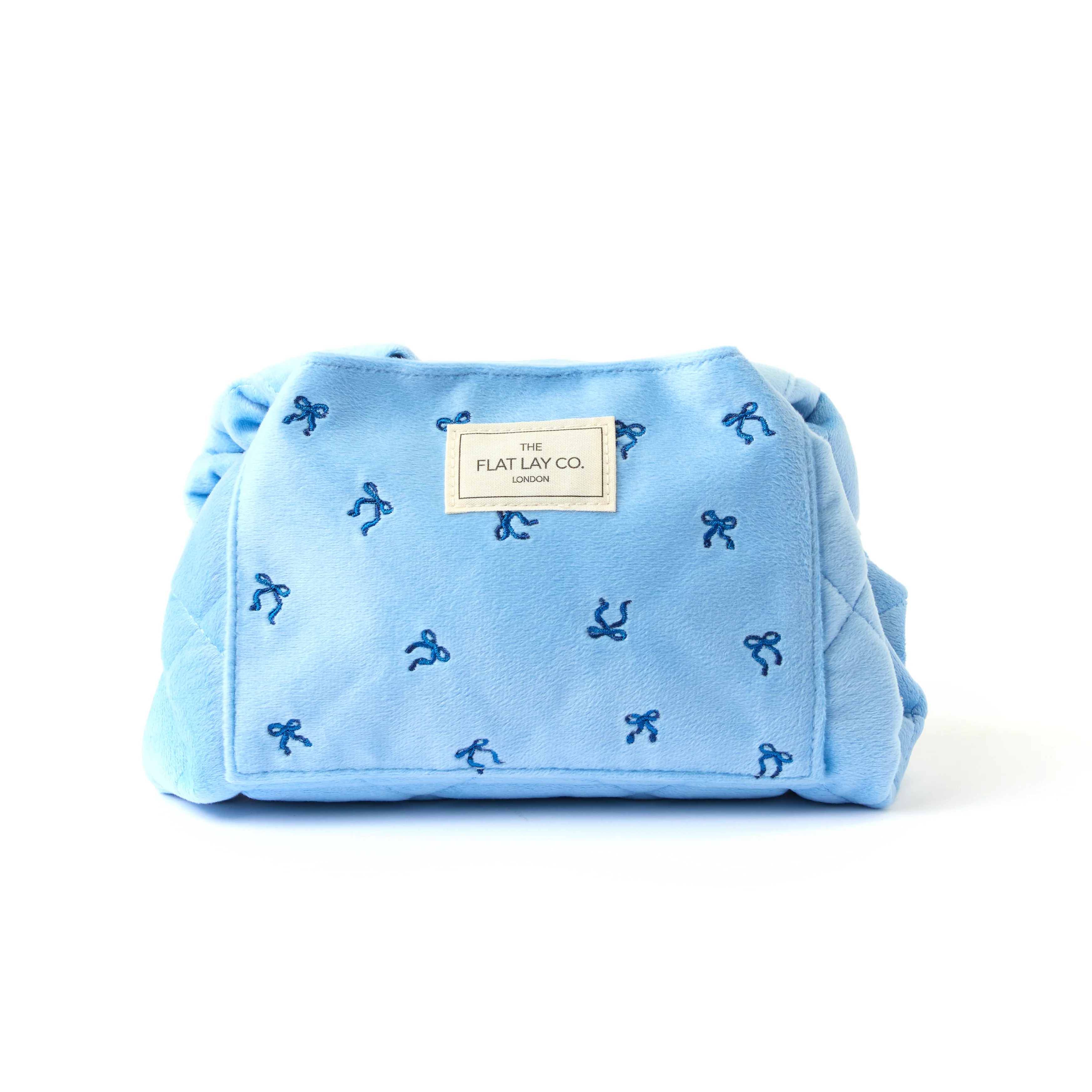 Drawstring Flat Lay Makeup Bag - Ditsy Bows Blue Embroidered Velvet - Image 6