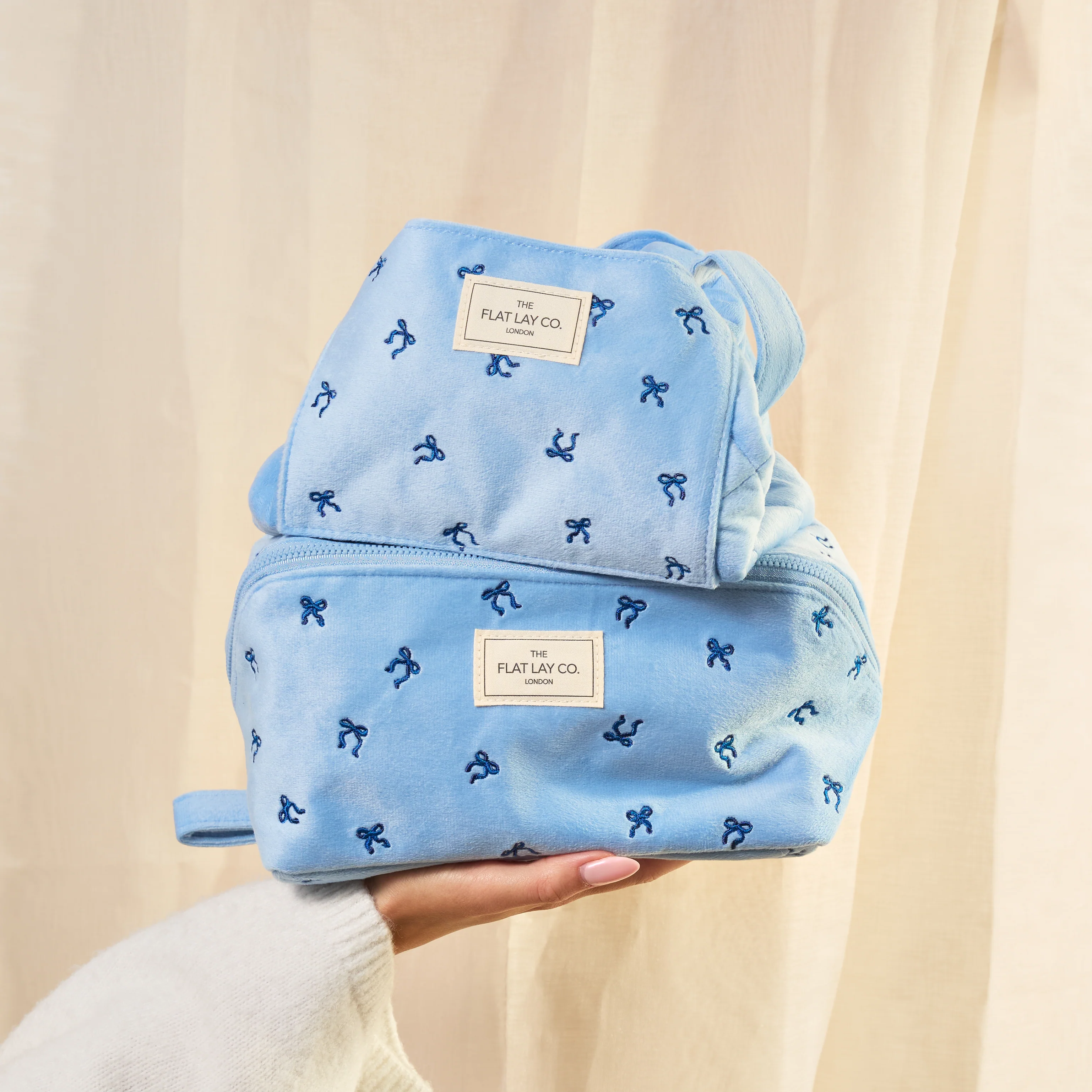 Drawstring Flat Lay Makeup Bag - Ditsy Bows Blue Embroidered Velvet - Image 7