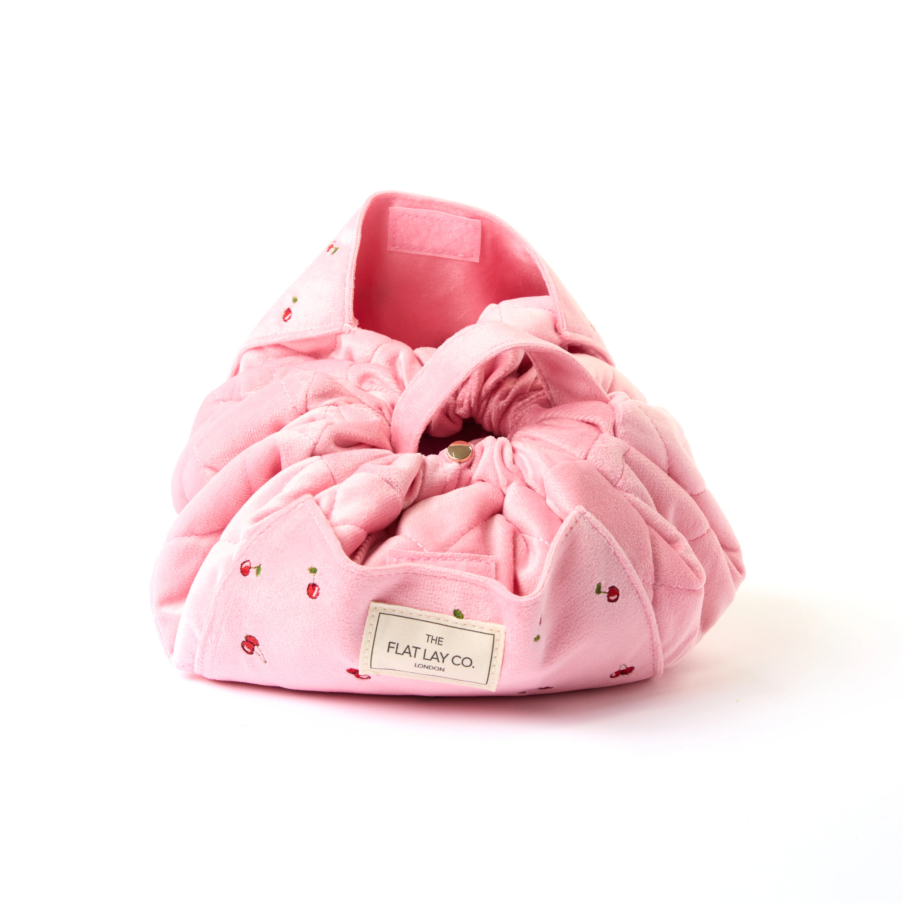 Drawstring Flat Lay Makeup Bag - Ditsy Cherries Pink Embroidered Velvet - Image 4