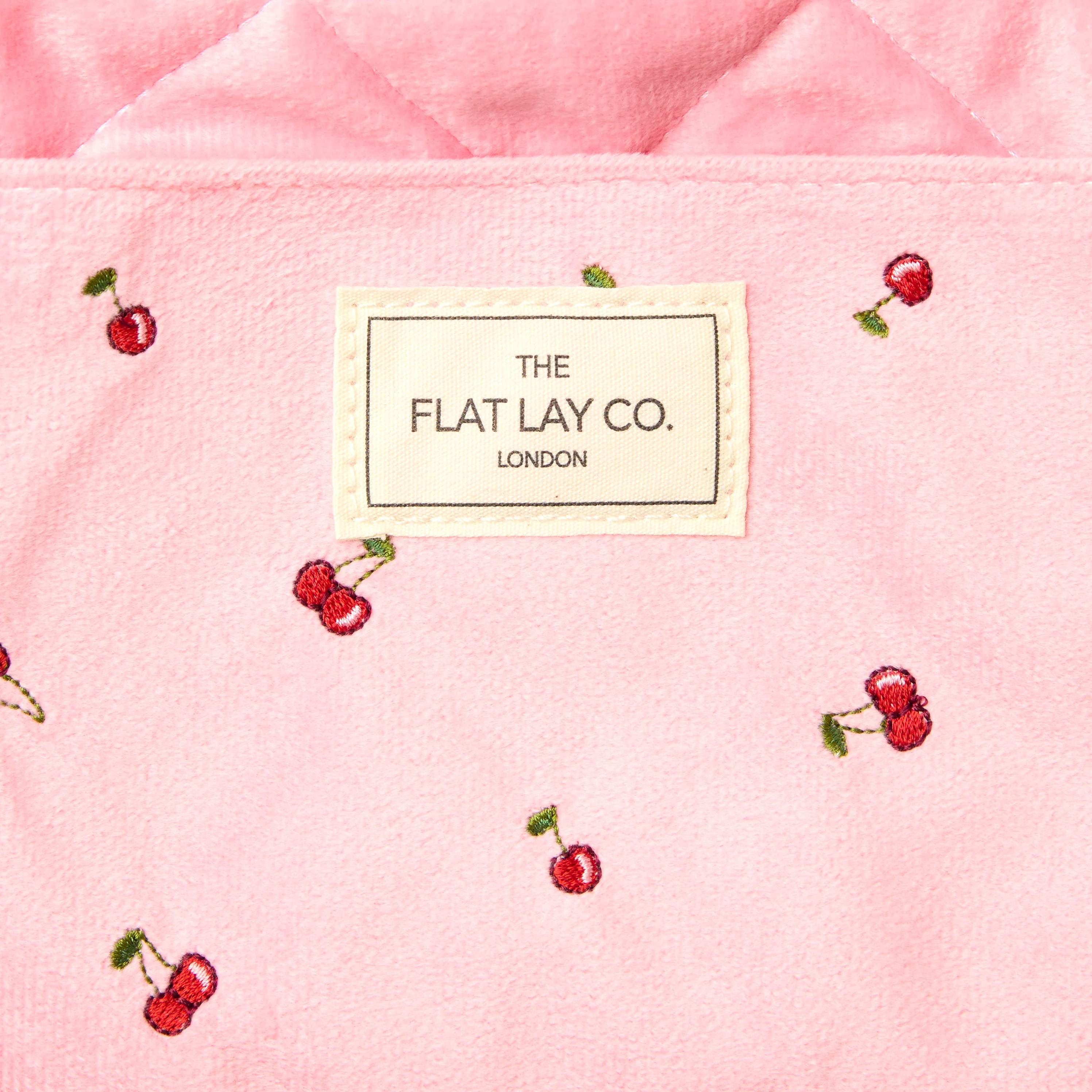Drawstring Flat Lay Makeup Bag - Ditsy Cherries Pink Embroidered Velvet - Image 5