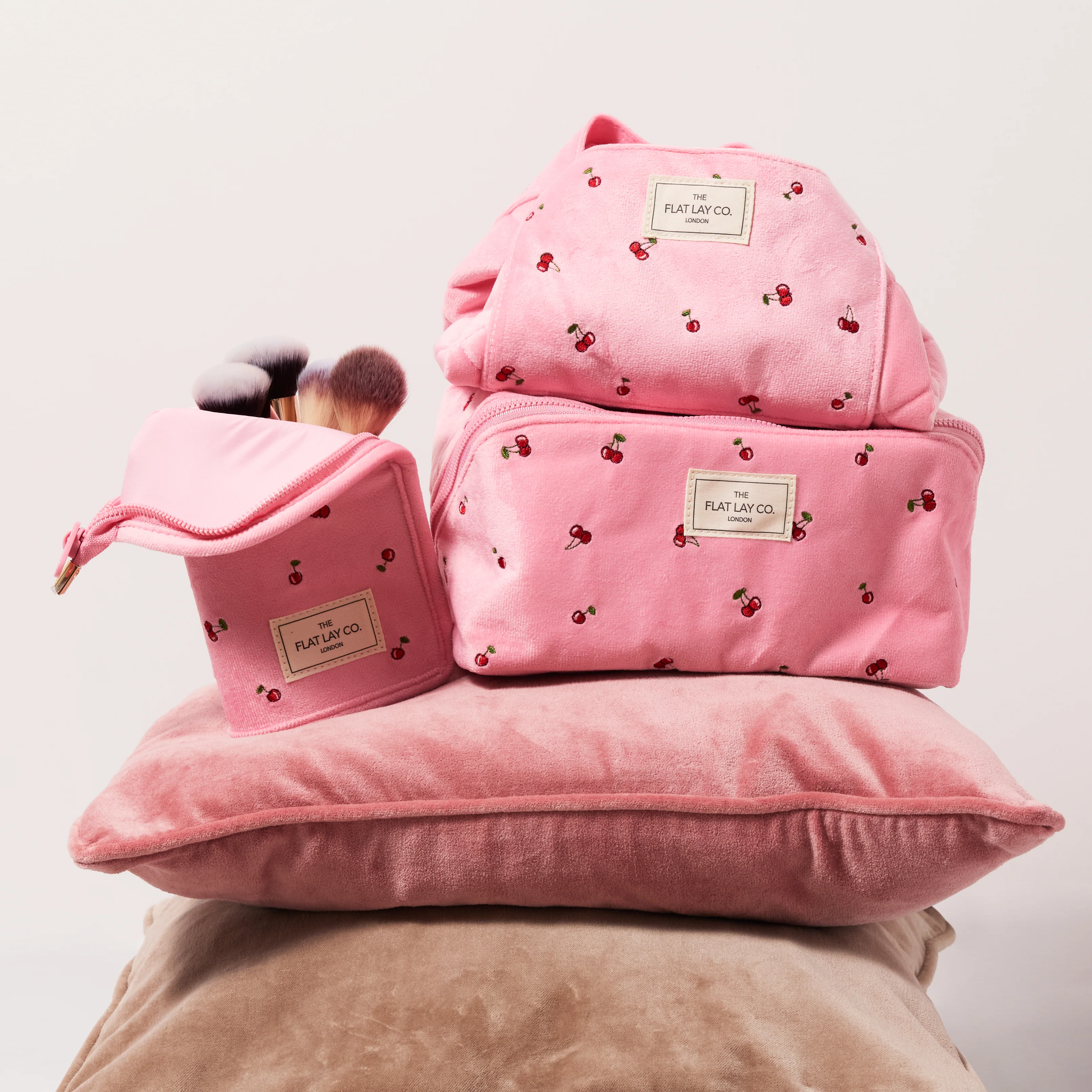 Drawstring Flat Lay Makeup Bag - Ditsy Cherries Pink Embroidered Velvet - Image 6