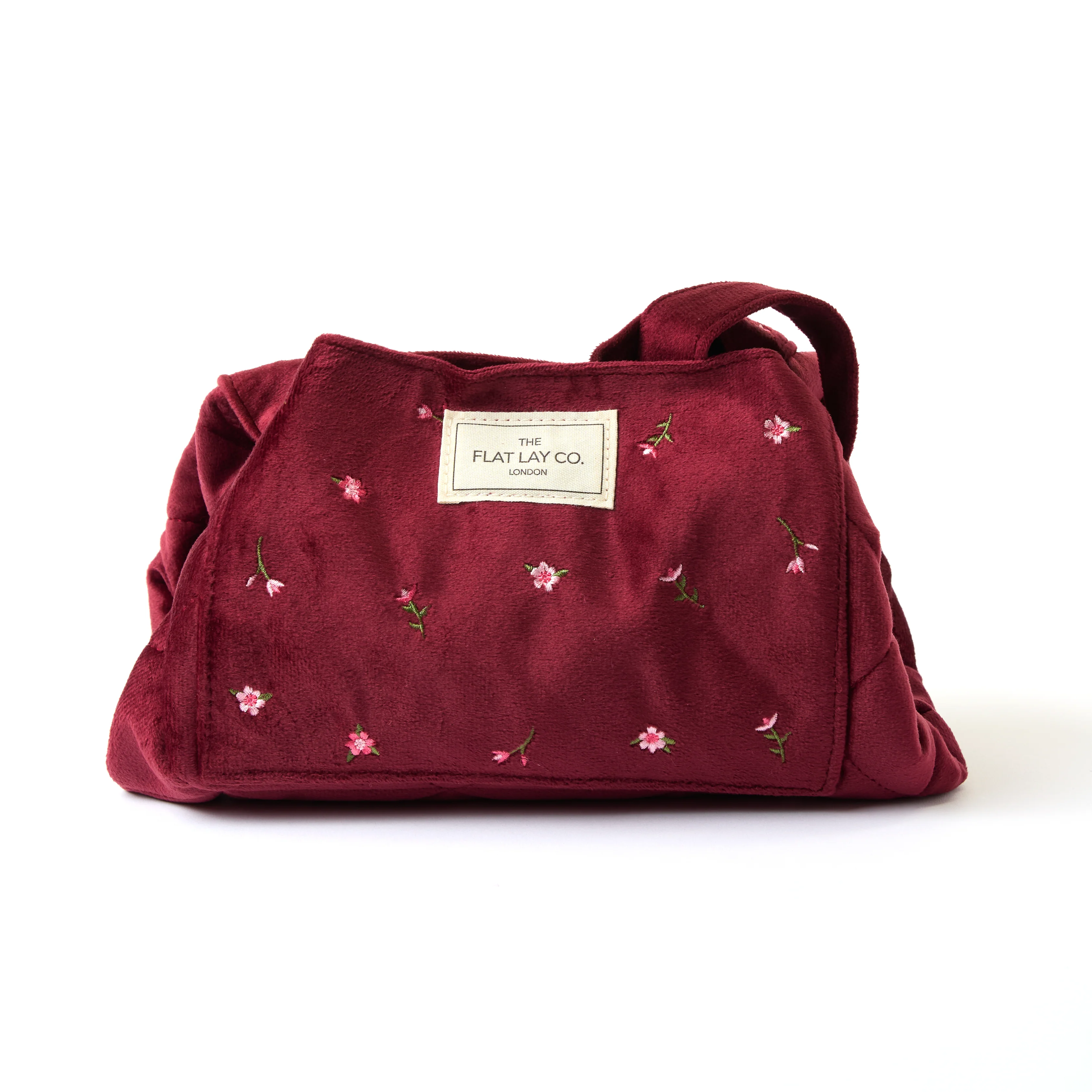 Drawstring Flat Lay Makeup Bag - Ditsy Roses Burgundy Embroidered Velvet - Image 3
