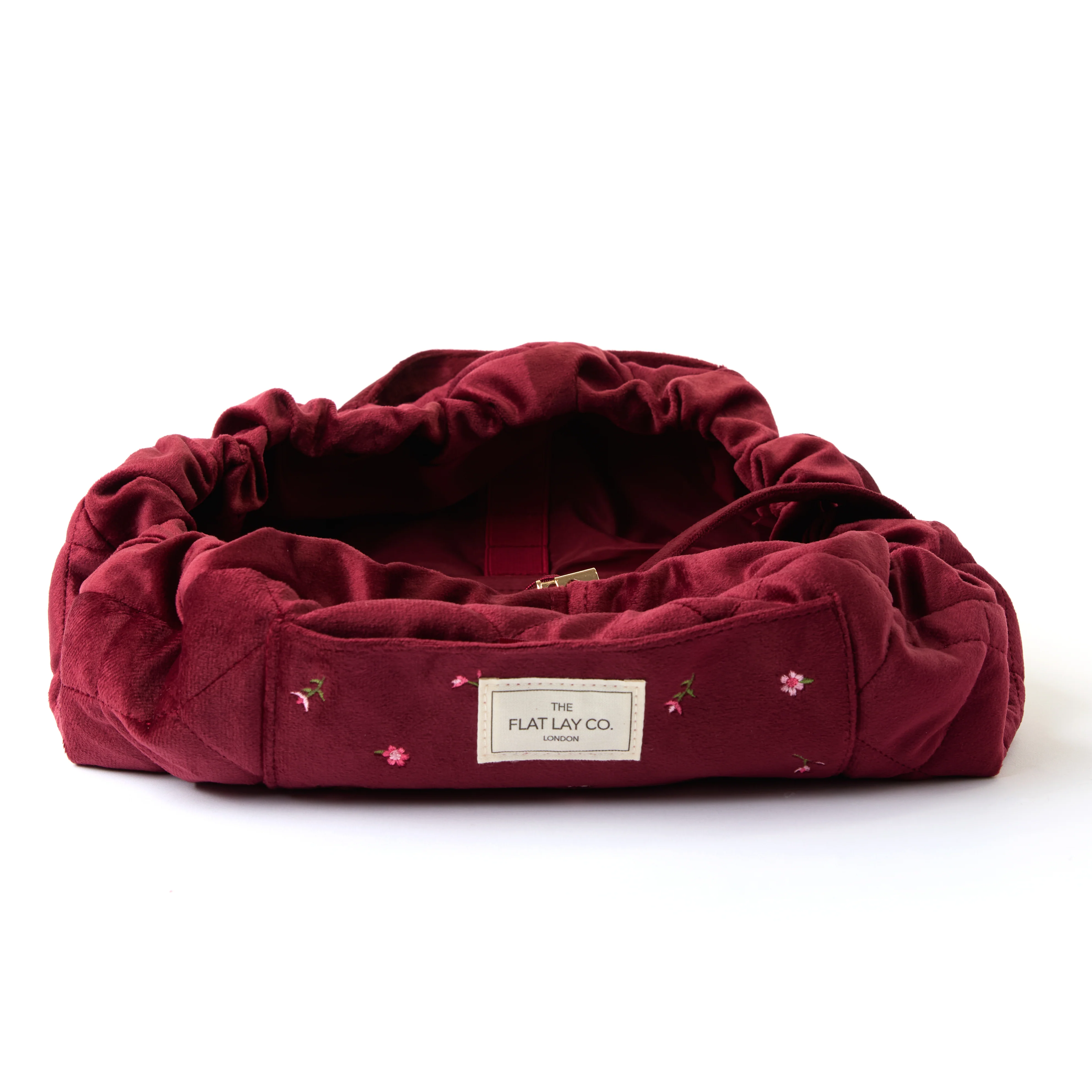 Drawstring Flat Lay Makeup Bag - Ditsy Roses Burgundy Embroidered Velvet - Image 4