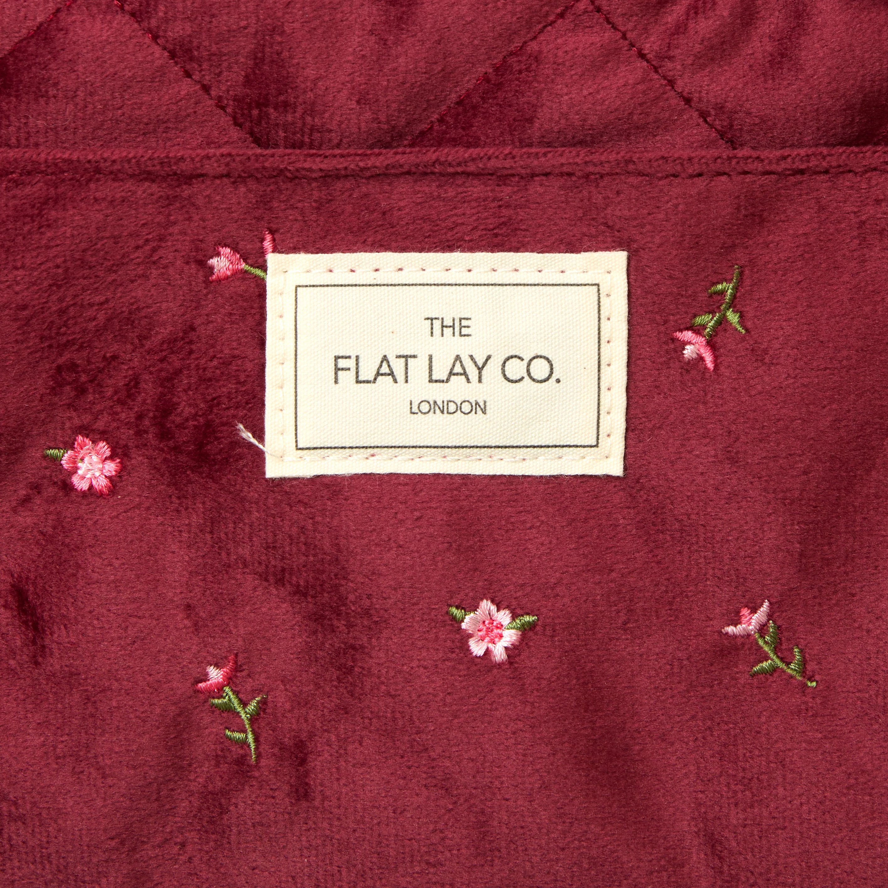 Drawstring Flat Lay Makeup Bag - Ditsy Roses Burgundy Embroidered Velvet - Image 5