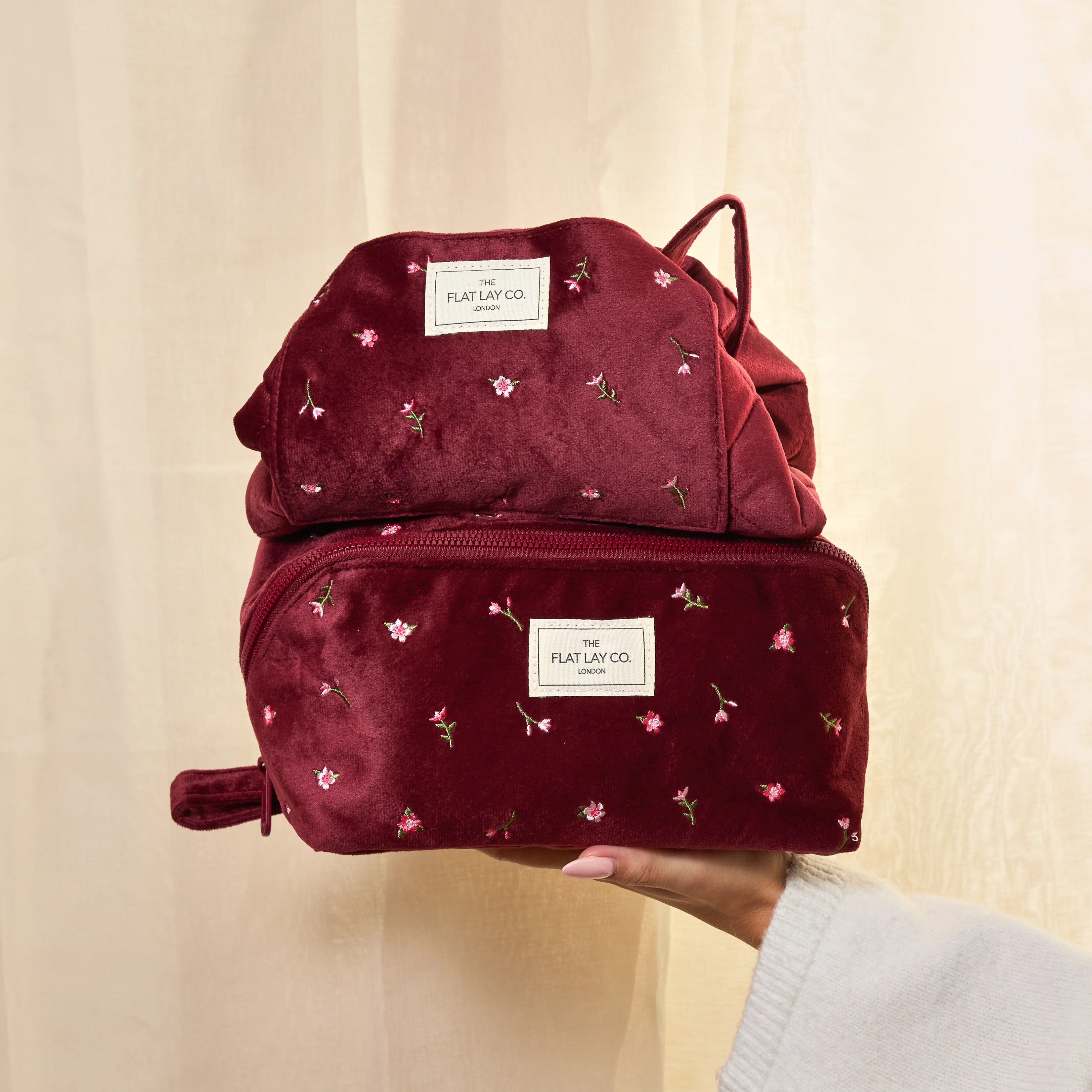 Drawstring Flat Lay Makeup Bag - Ditsy Roses Burgundy Embroidered Velvet - Image 6