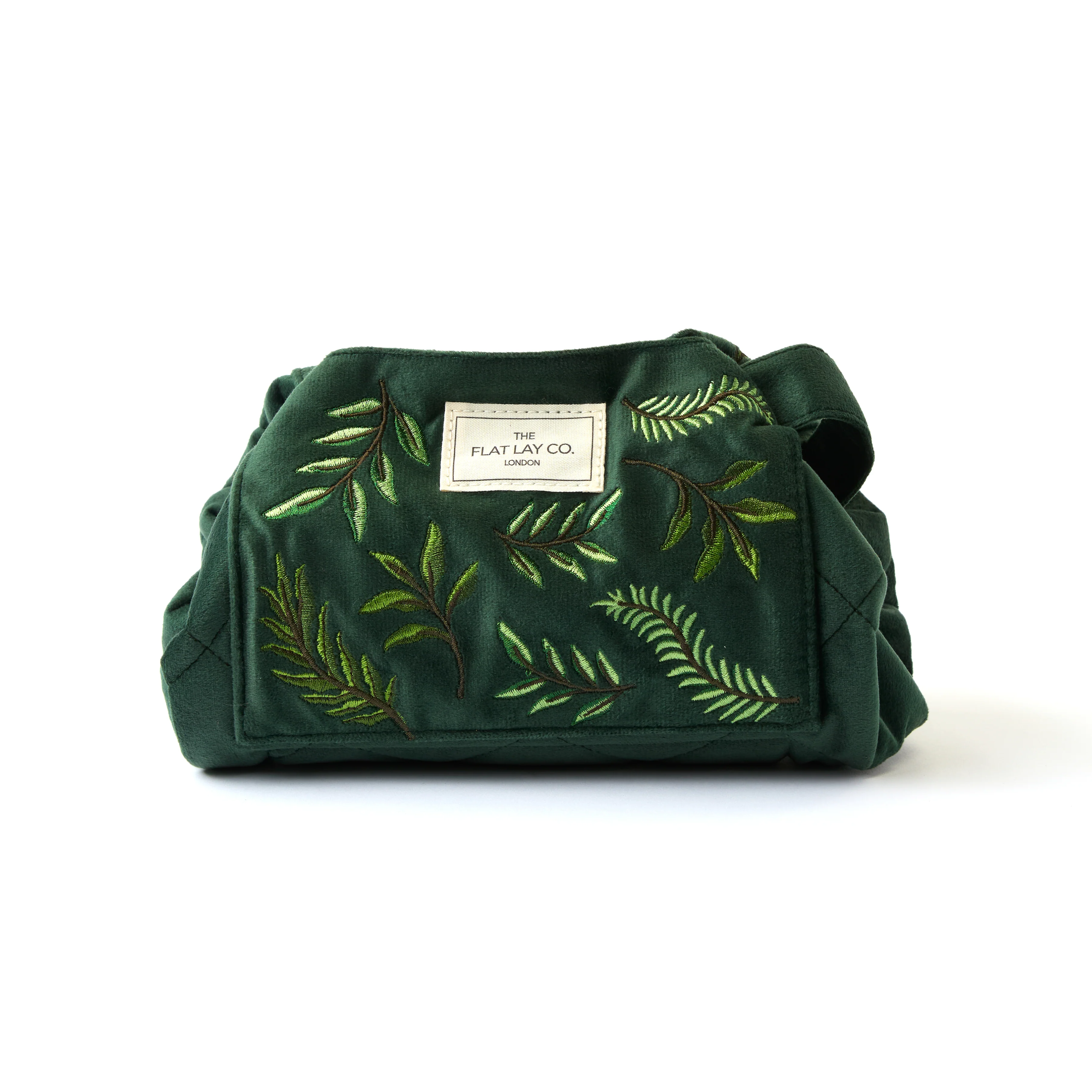 Drawstring Flat Lay Makeup Bag - Green Leaves Embroidered Velvet - Image 3
