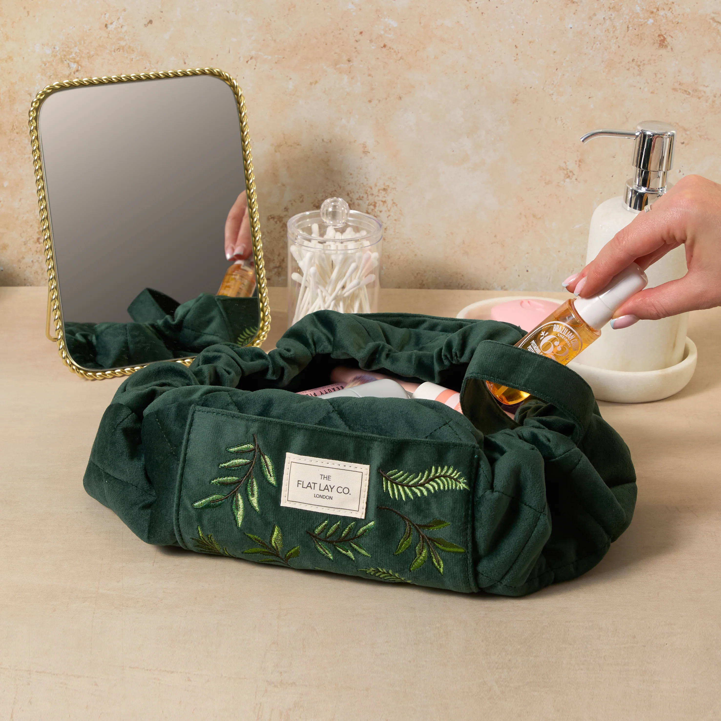 Drawstring Flat Lay Makeup Bag - Green Leaves Embroidered Velvet - Image 4