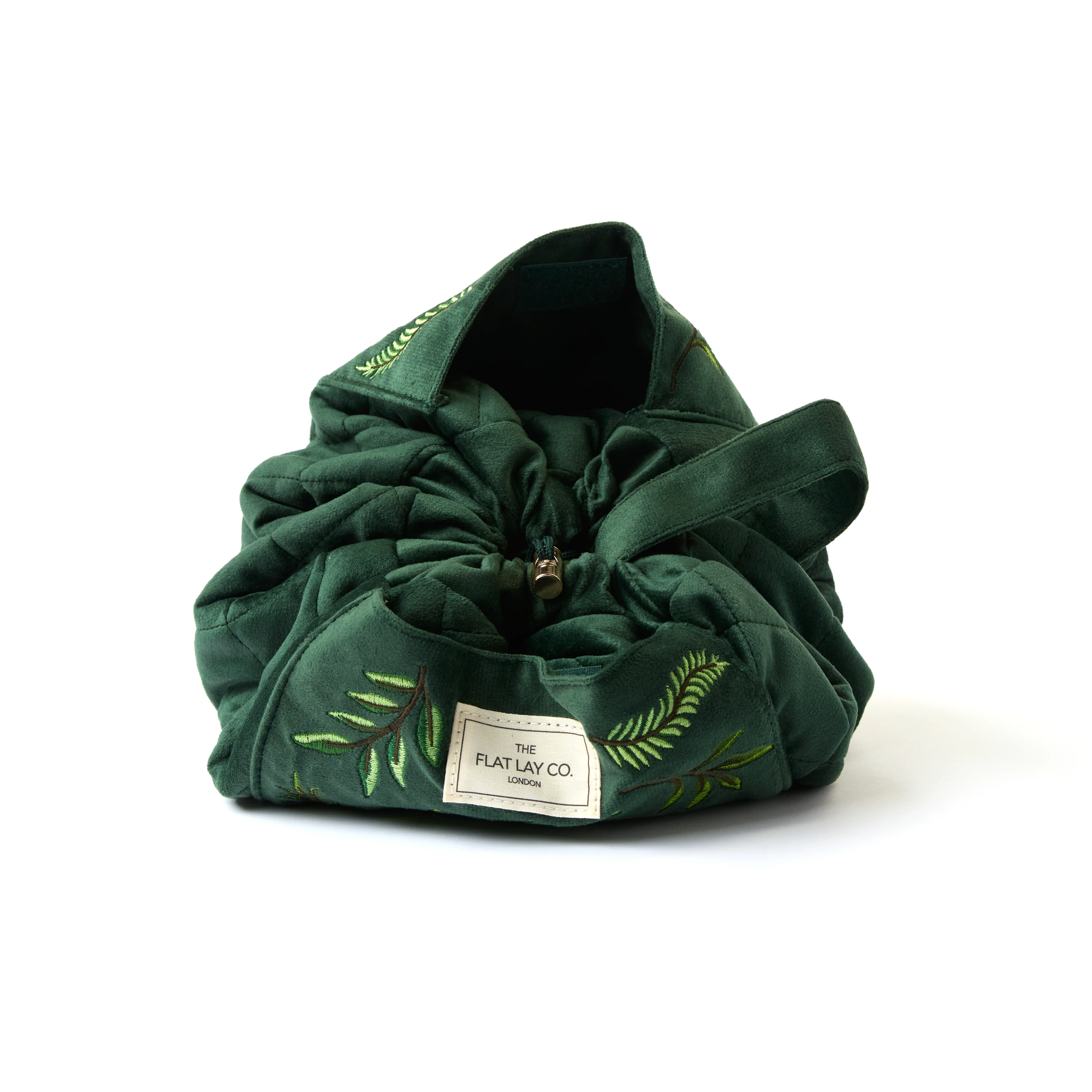 Drawstring Flat Lay Makeup Bag - Green Leaves Embroidered Velvet - Image 5