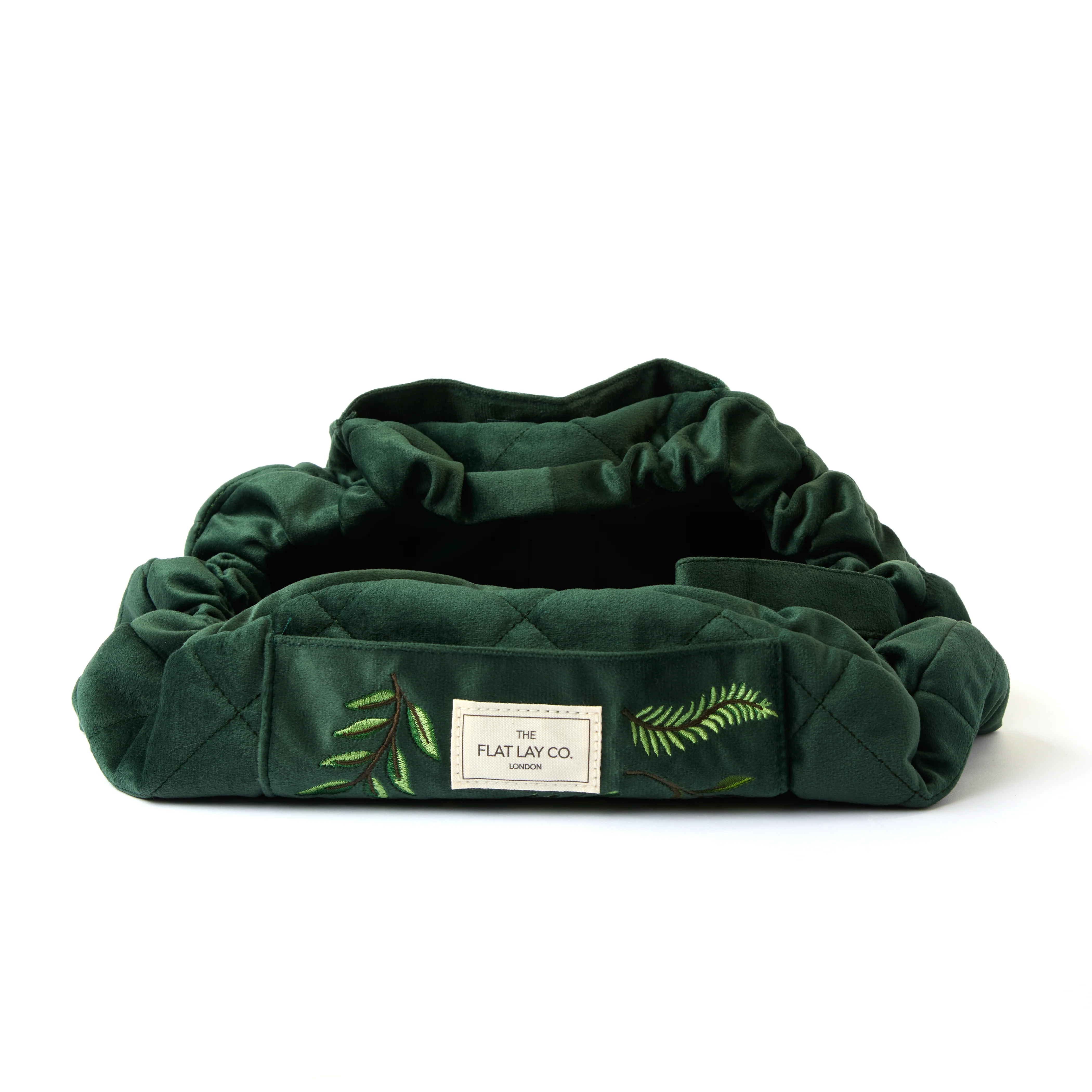 Drawstring Flat Lay Makeup Bag - Green Leaves Embroidered Velvet - Image 6