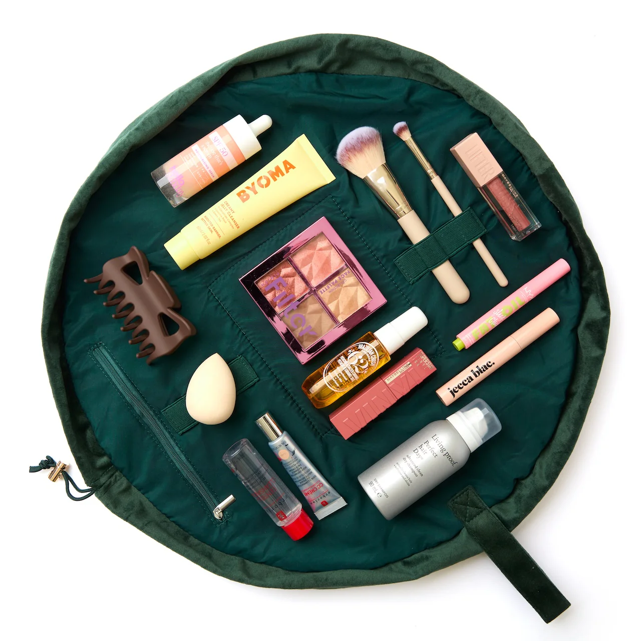 Drawstring Flat Lay Makeup Bag - Green Leaves Embroidered Velvet - Image 7