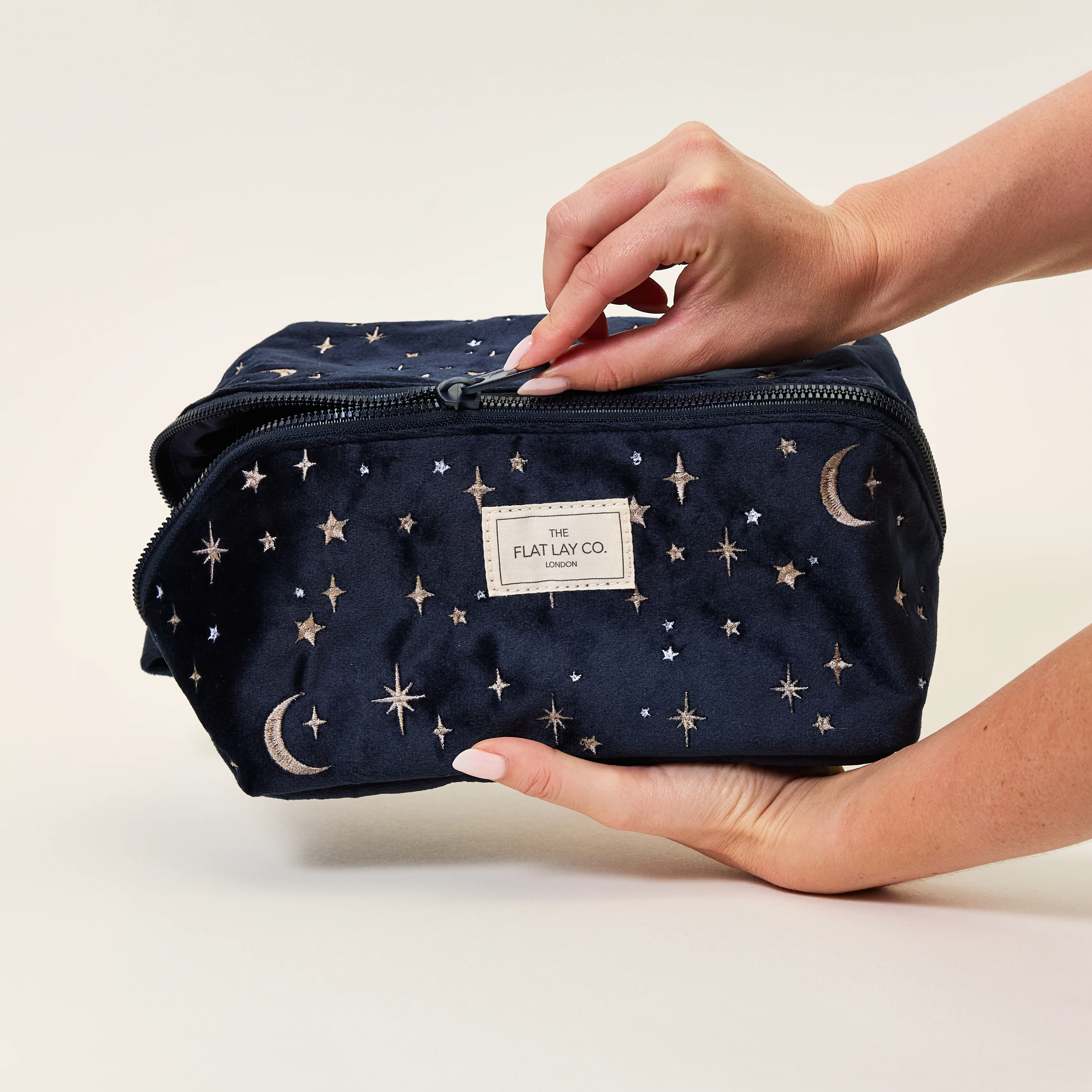 Flat Lay Makeup Box Bag - Celestial Blue Embroidered Velvet - Image 3