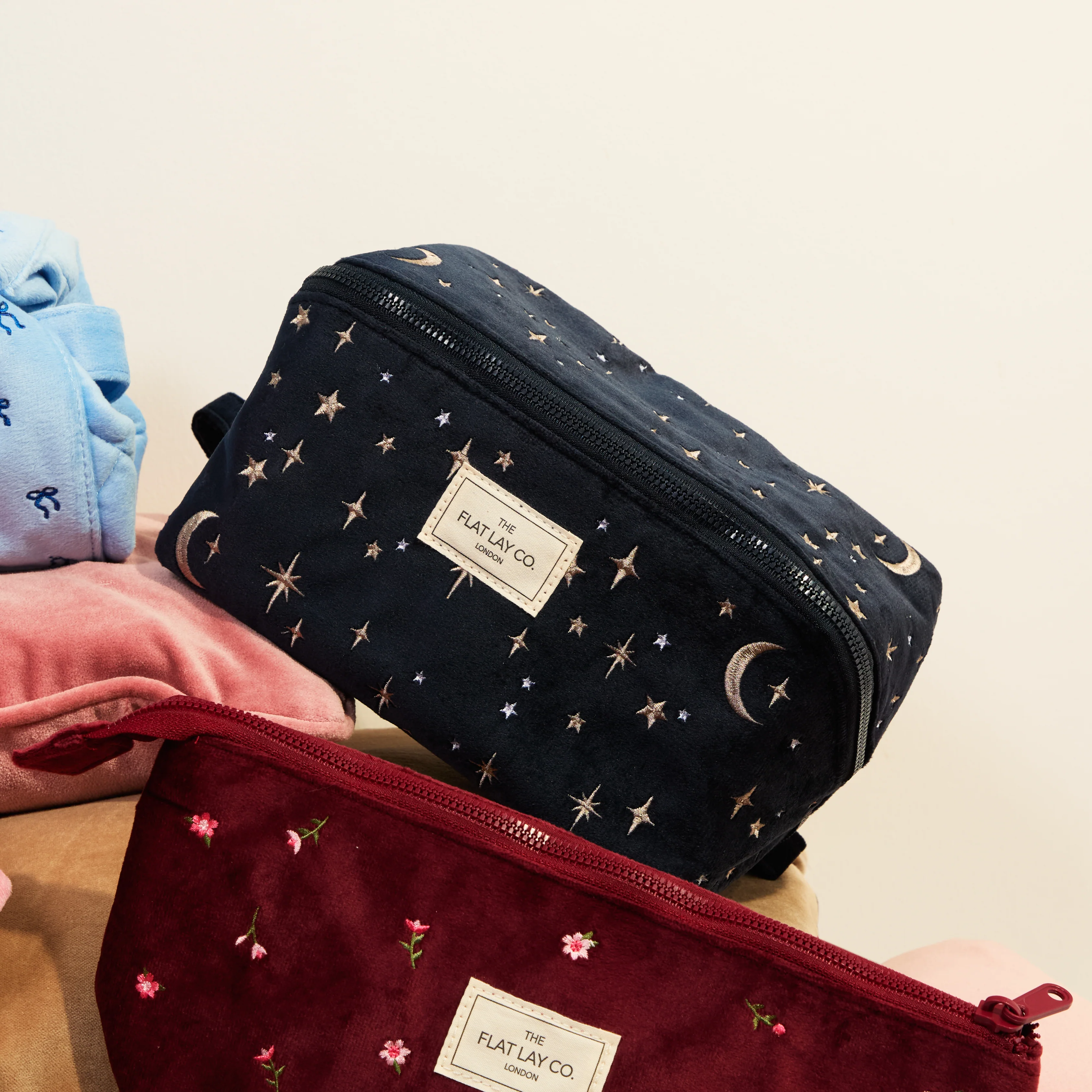 Flat Lay Makeup Box Bag - Celestial Blue Embroidered Velvet - Image 8