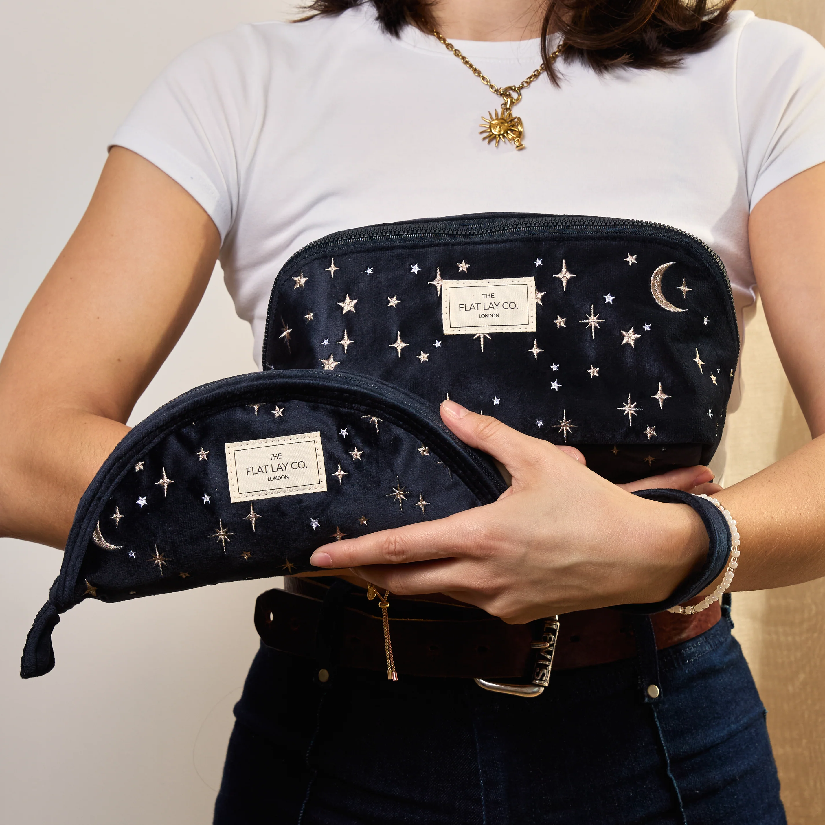 Flat Lay Makeup Box Bag - Celestial Blue Embroidered Velvet - Image 9