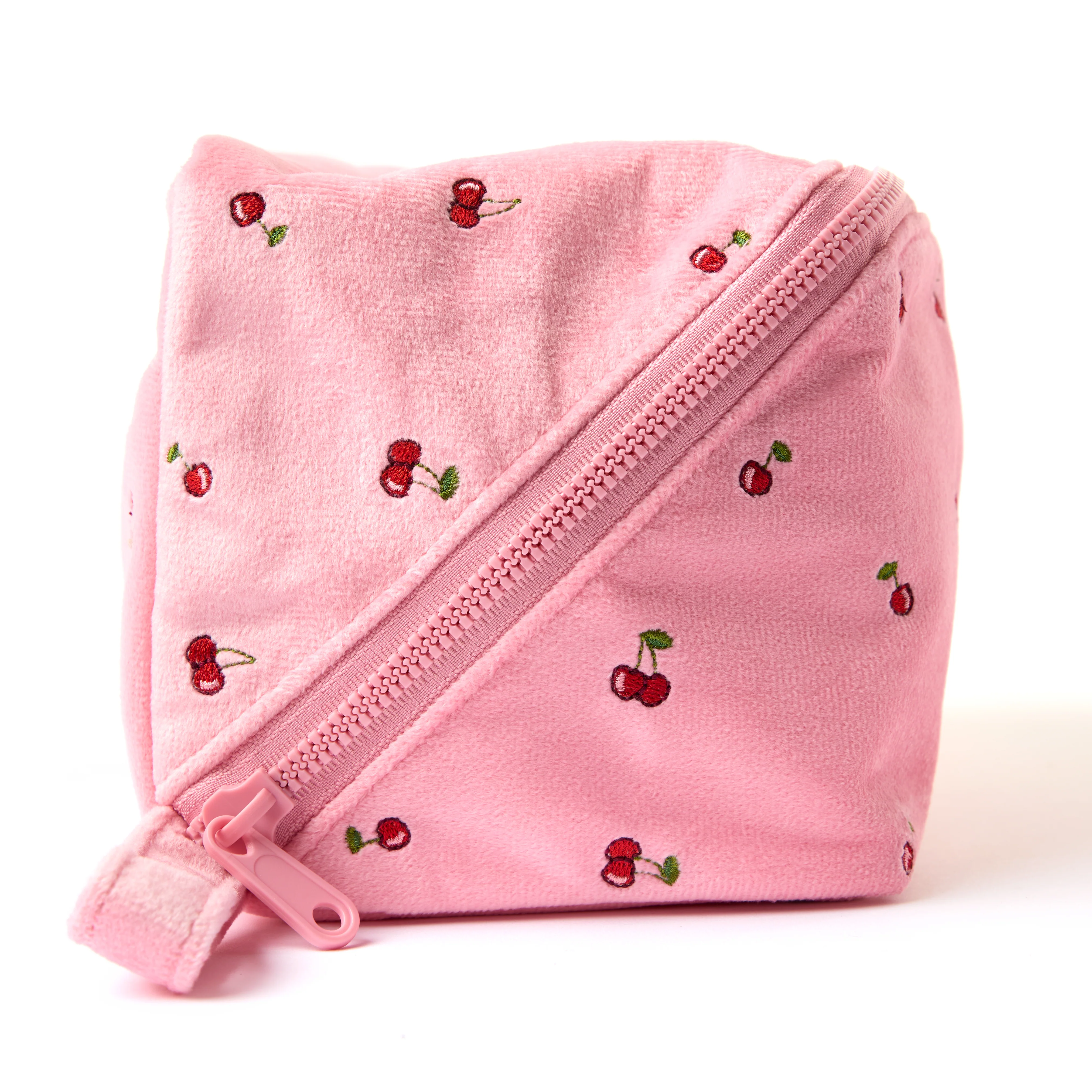 Flat Lay Makeup Box Bag - Ditsy Cherries Pink Embroidered Velvet - Image 4