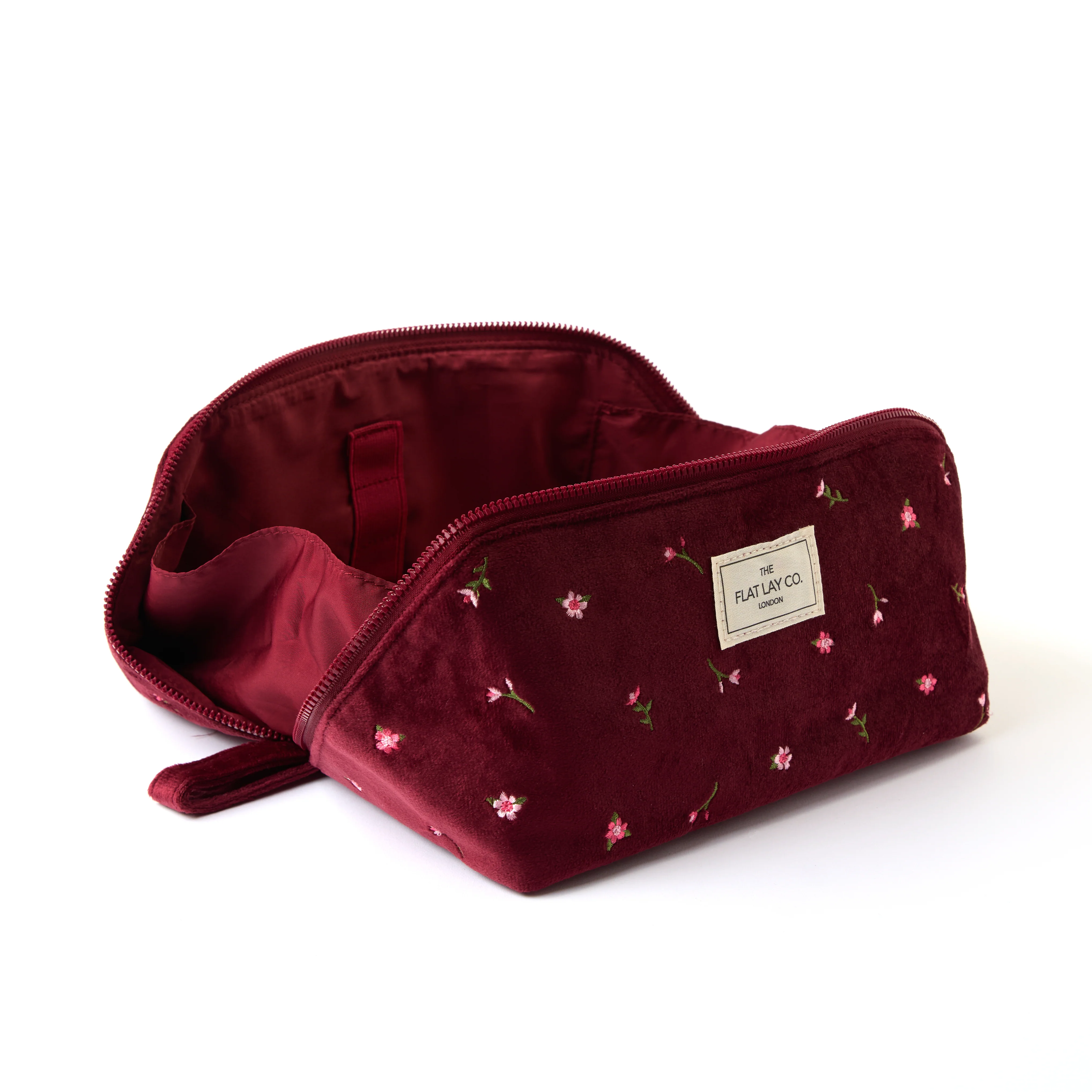 Flat Lay Makeup Box Bag - Ditsy Roses Burgundy Embroidered Velvet - Image 2
