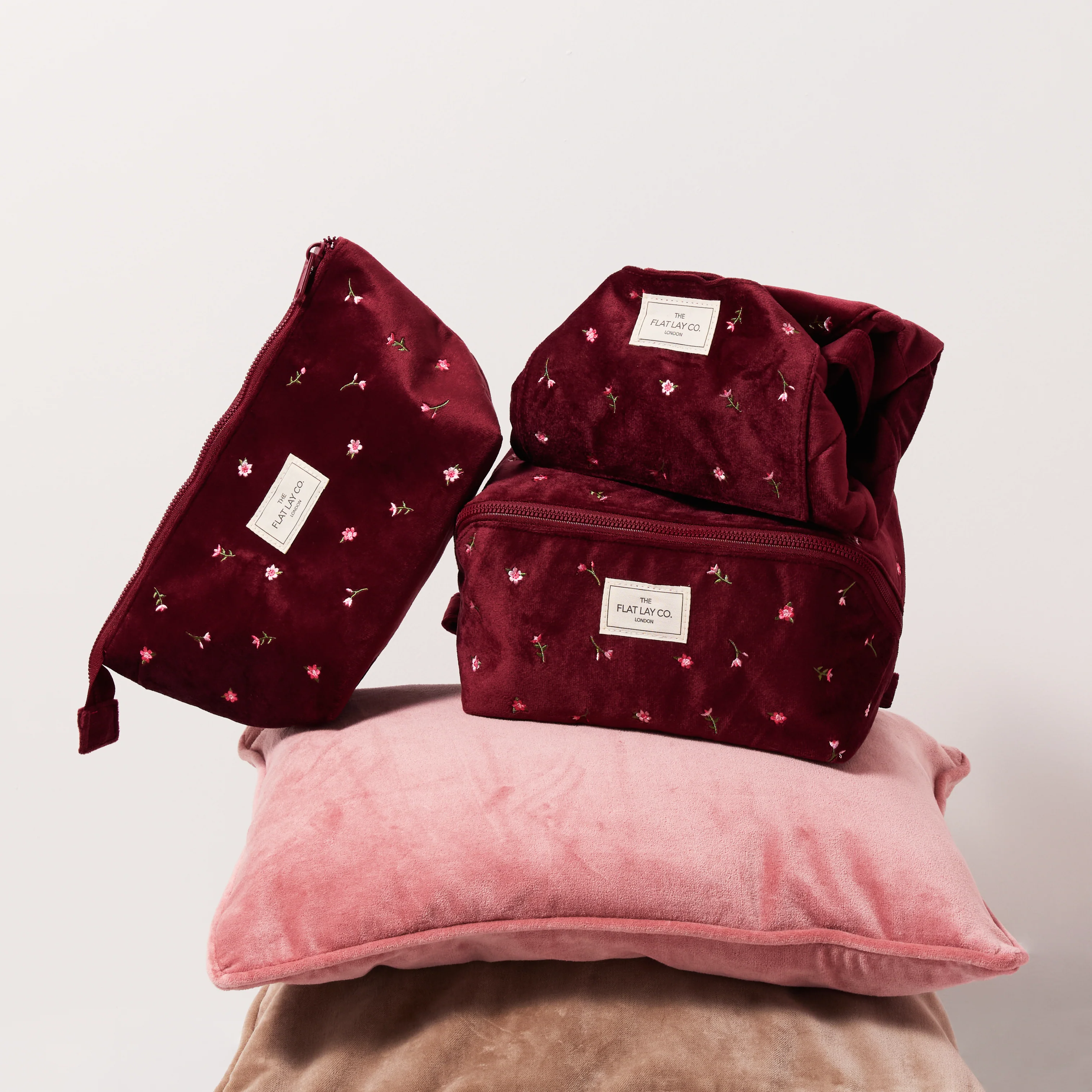 Flat Lay Makeup Box Bag - Ditsy Roses Burgundy Embroidered Velvet - Image 9