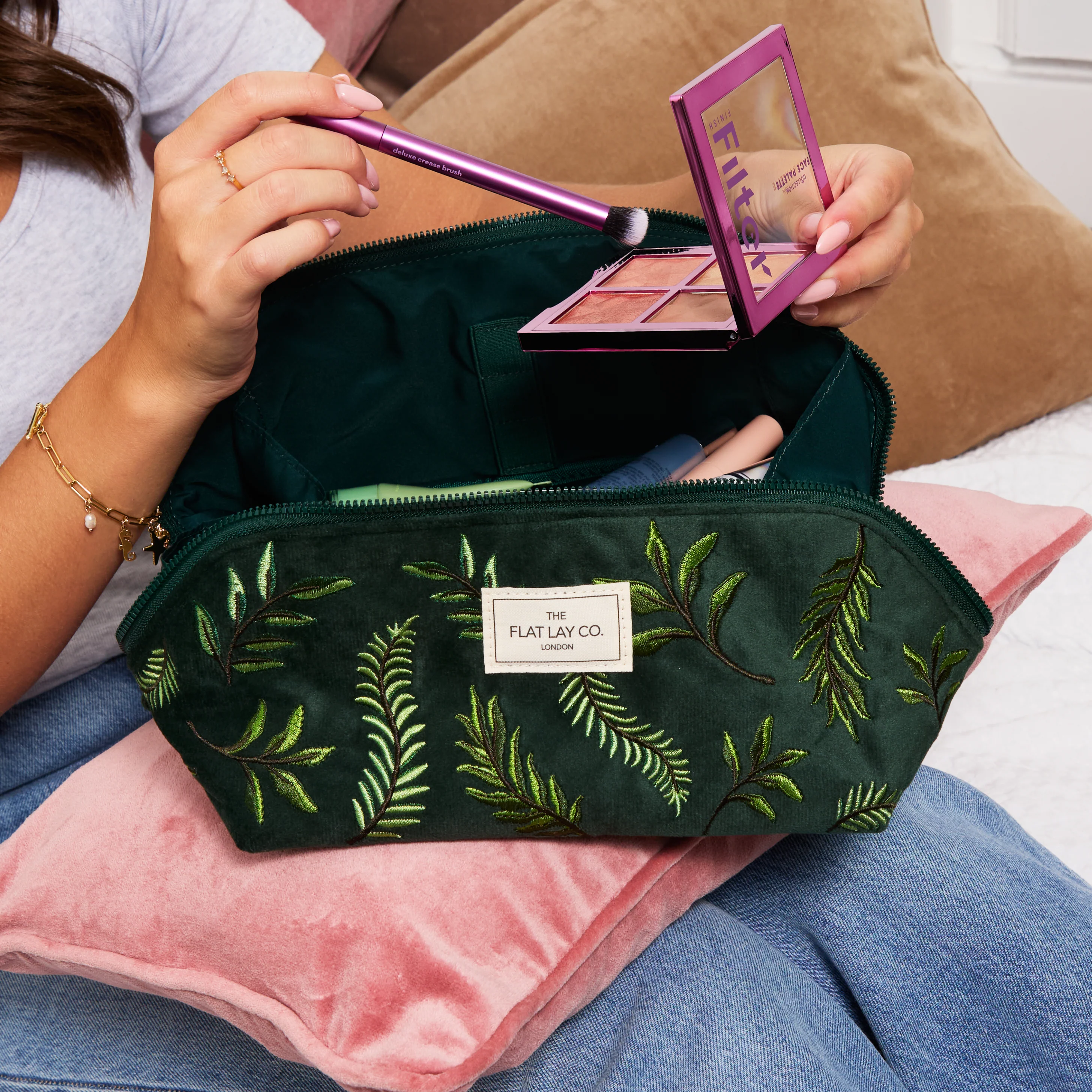 Flat Lay Makeup Box Bag - Green Leaves Embroidered Velvet - Image 3