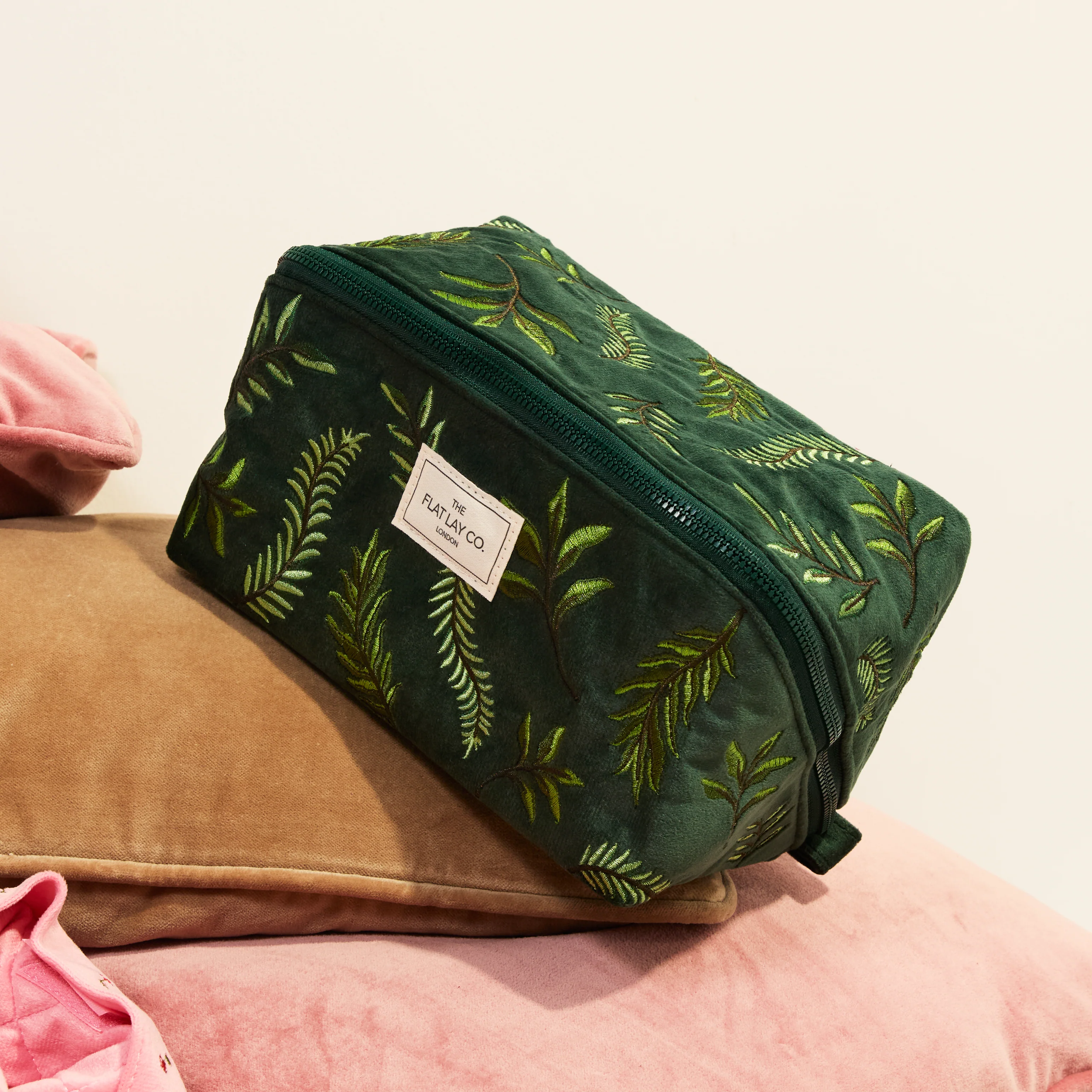 Flat Lay Makeup Box Bag - Green Leaves Embroidered Velvet - Image 6