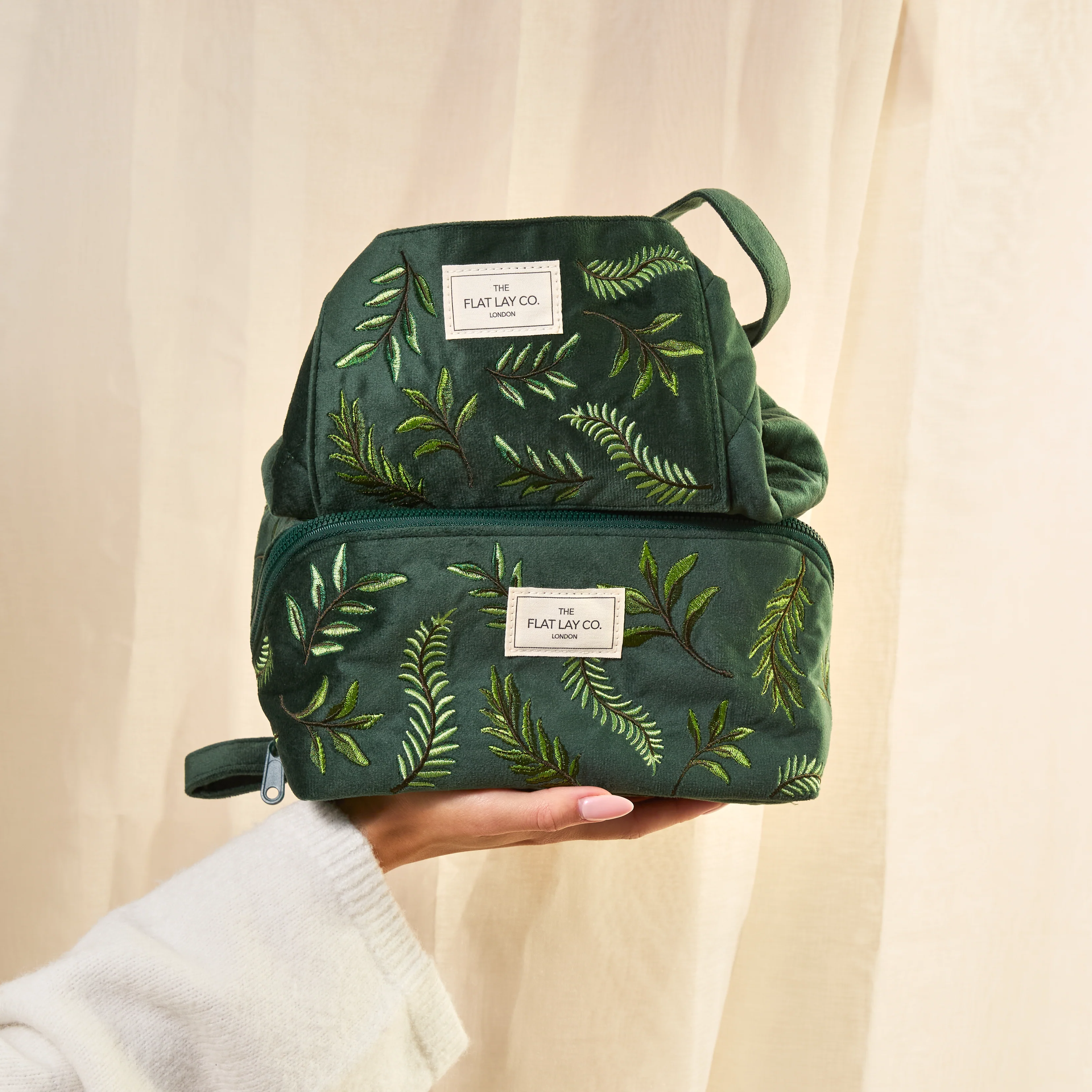 Flat Lay Makeup Box Bag - Green Leaves Embroidered Velvet - Image 9