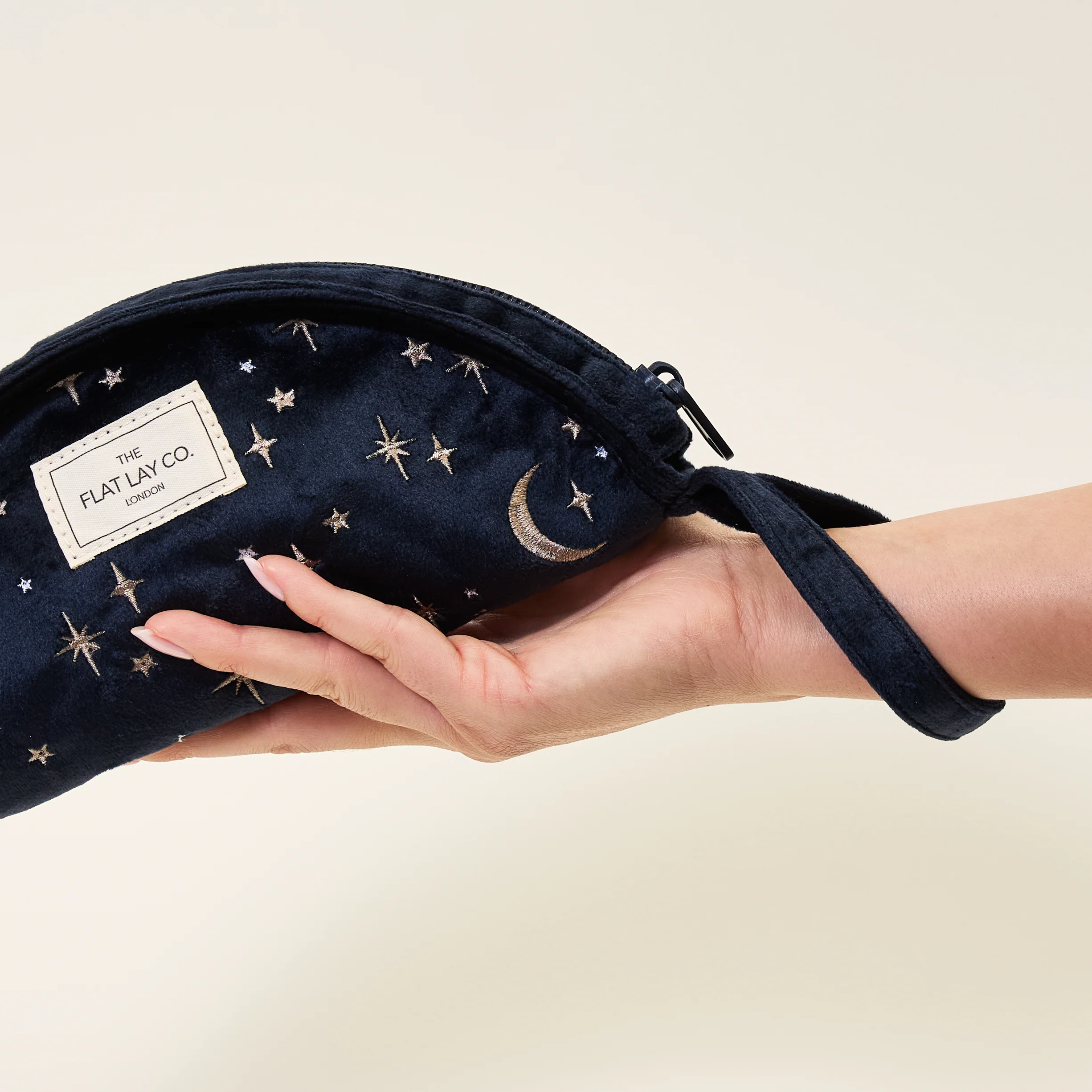 Lunar Flat Lay Makeup Pouch - Celestial Blue Embroidered Velvet - Image 3