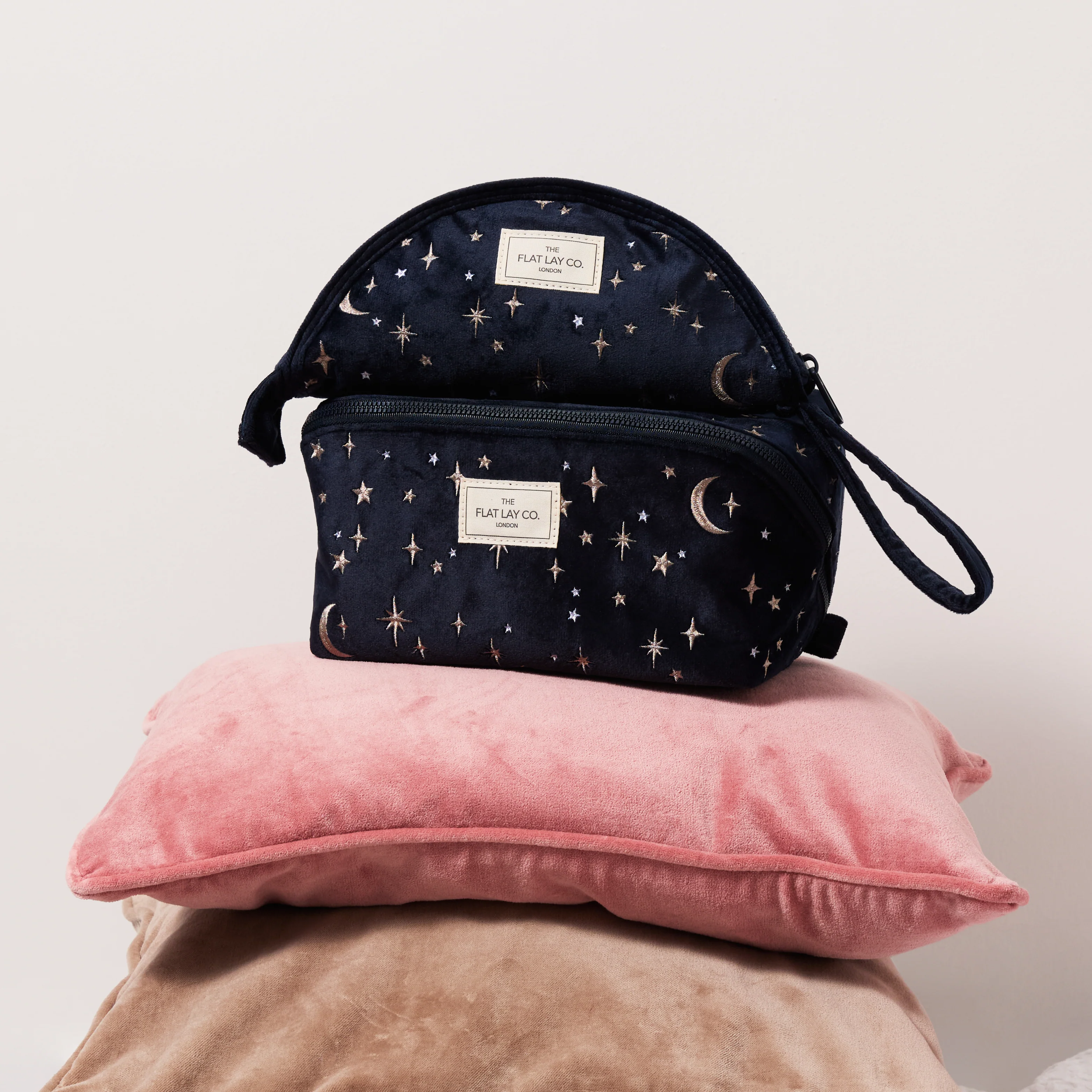 Lunar Flat Lay Makeup Pouch - Celestial Blue Embroidered Velvet - Image 6
