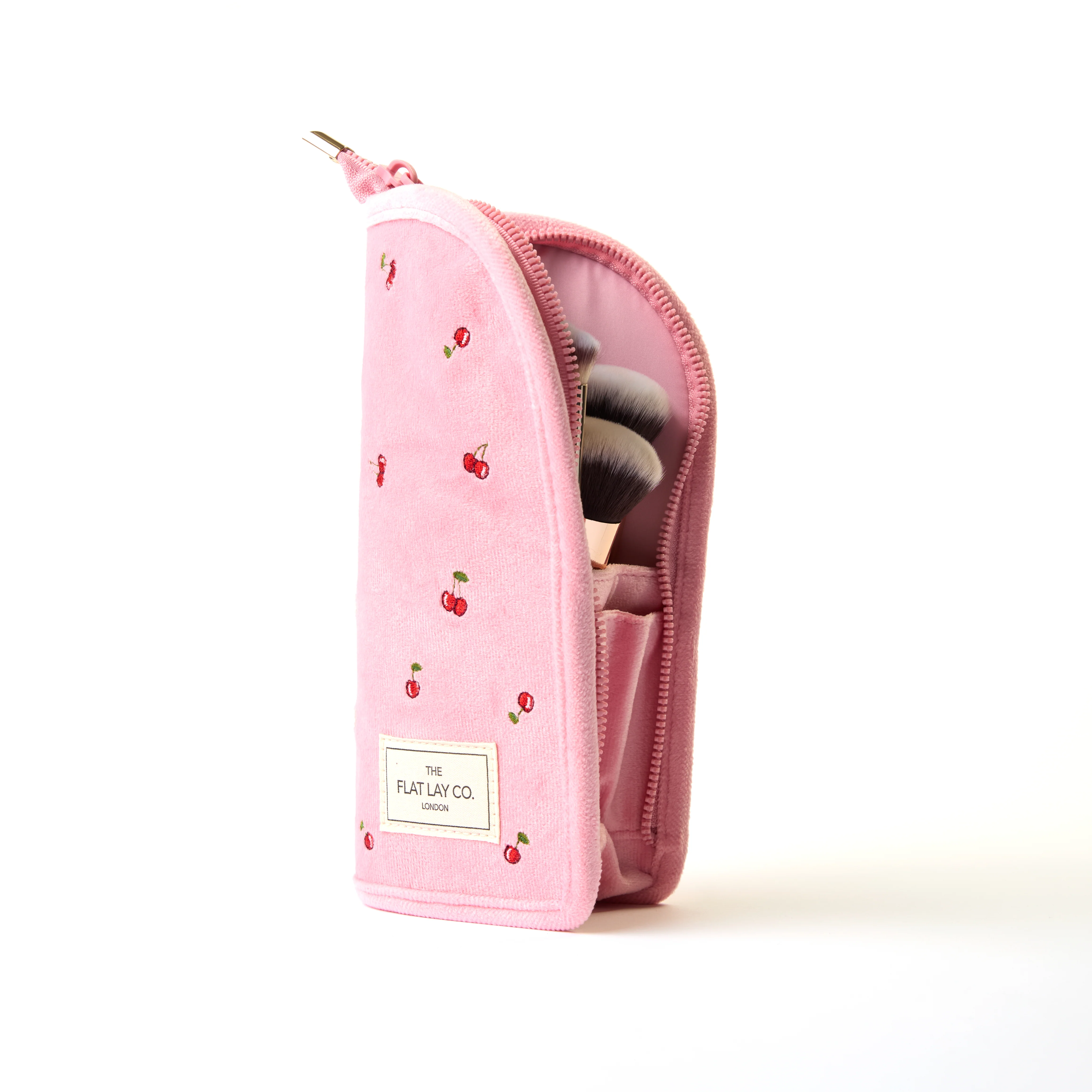 Standing Makeup Brush Case - Ditsy Cherries Pink Embroidered Velvet - Image 3