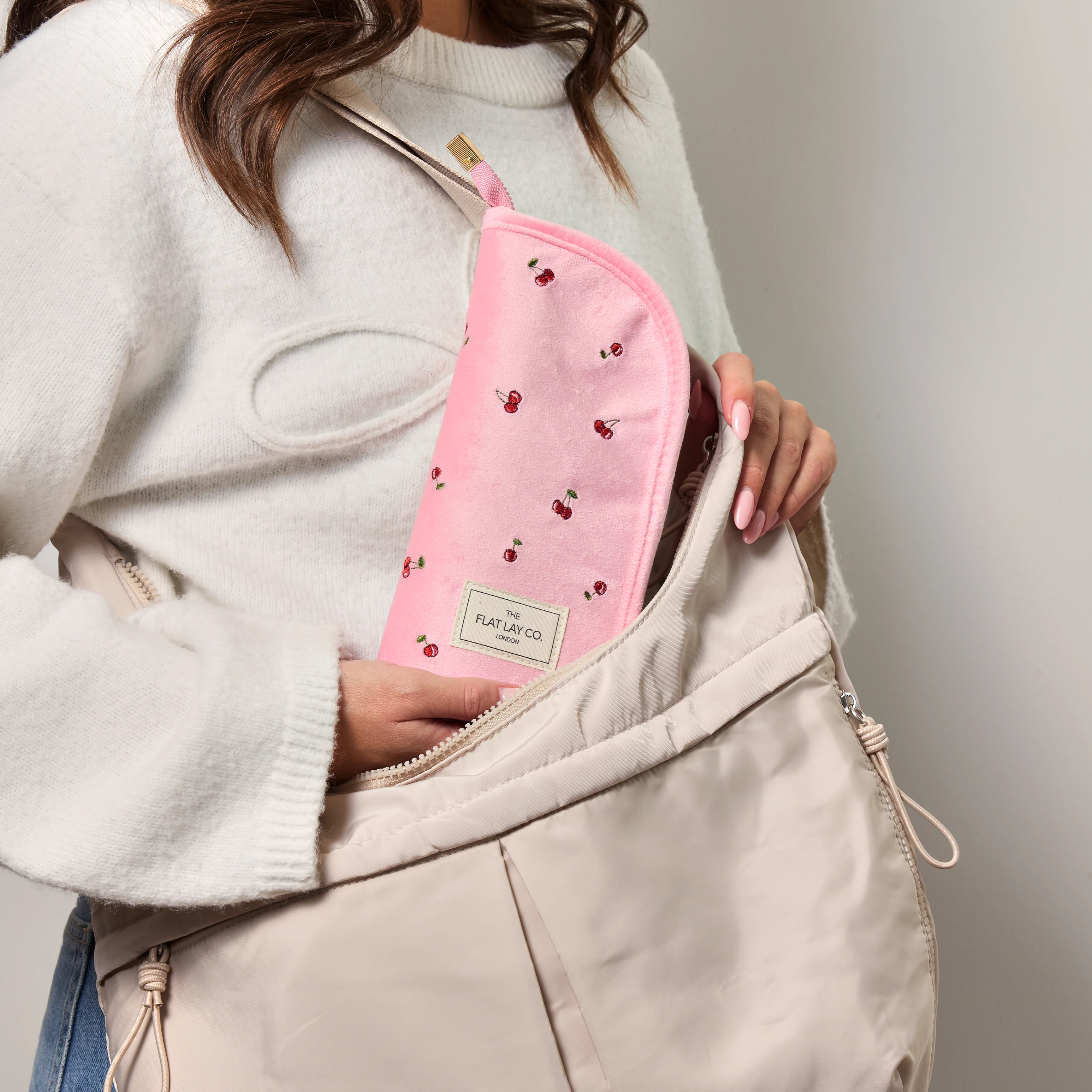 Standing Makeup Brush Case - Ditsy Cherries Pink Embroidered Velvet - Image 5