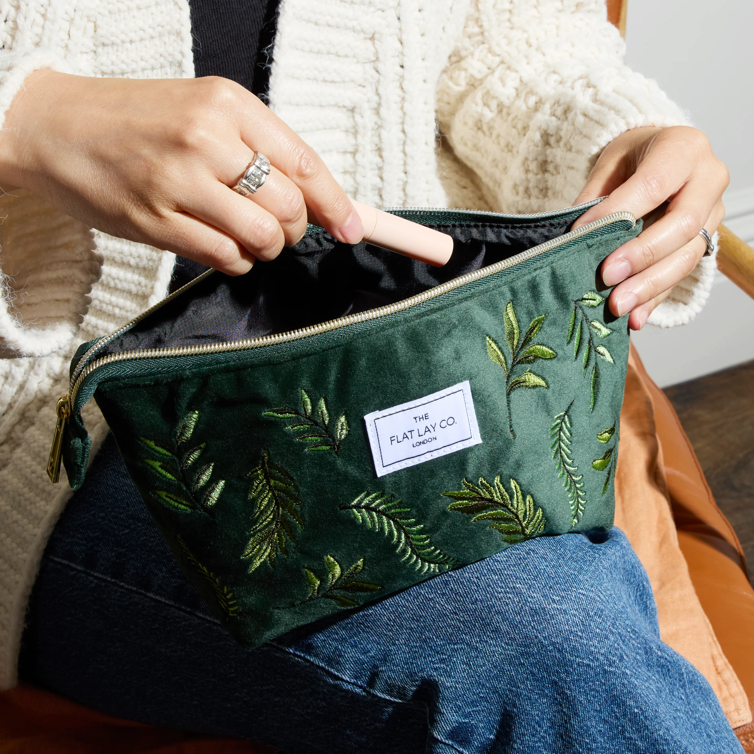 Essential Makeup Pouch - Green Leaves Embroidered Velvet - Image 2