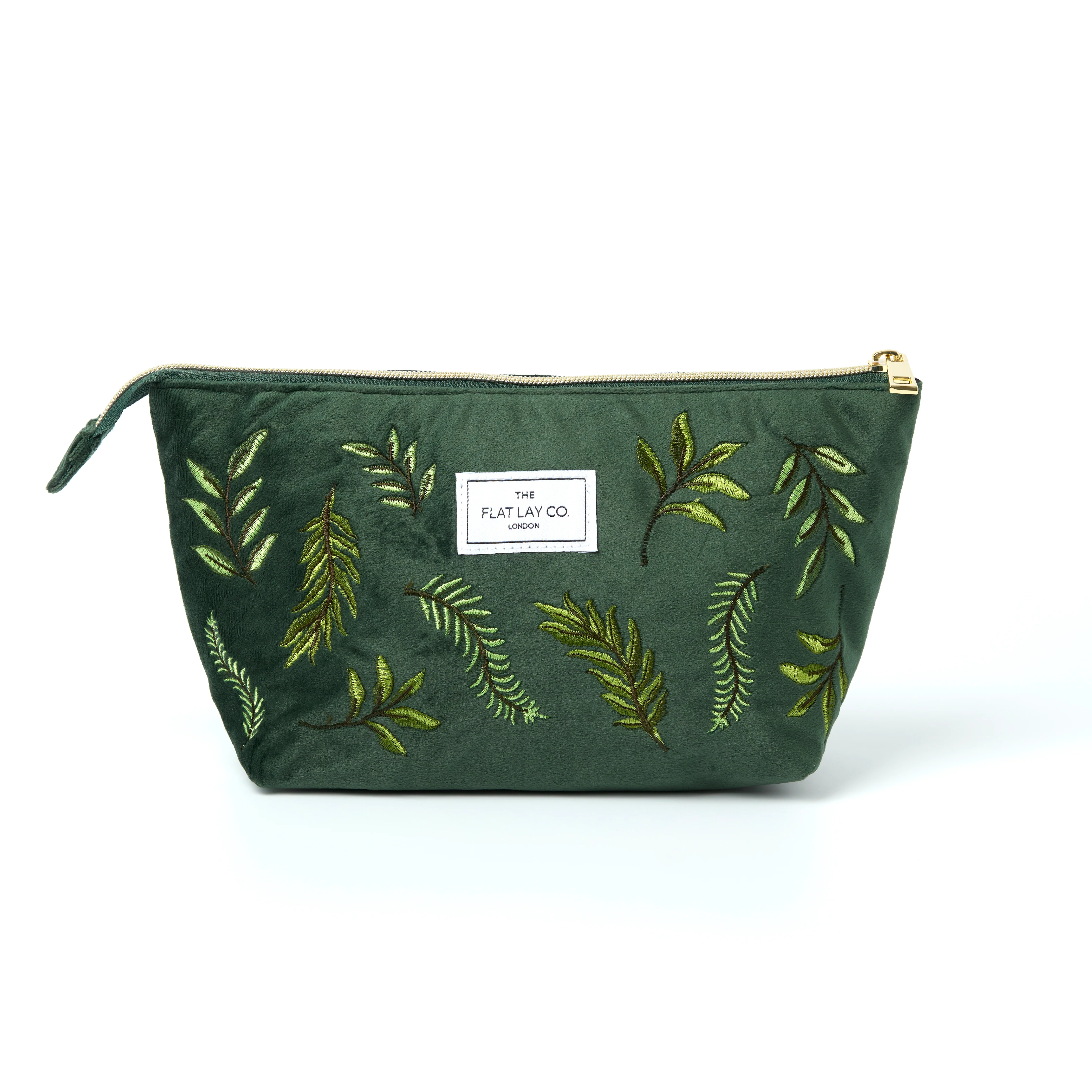 Essential Makeup Pouch - Green Leaves Embroidered Velvet - Image 3