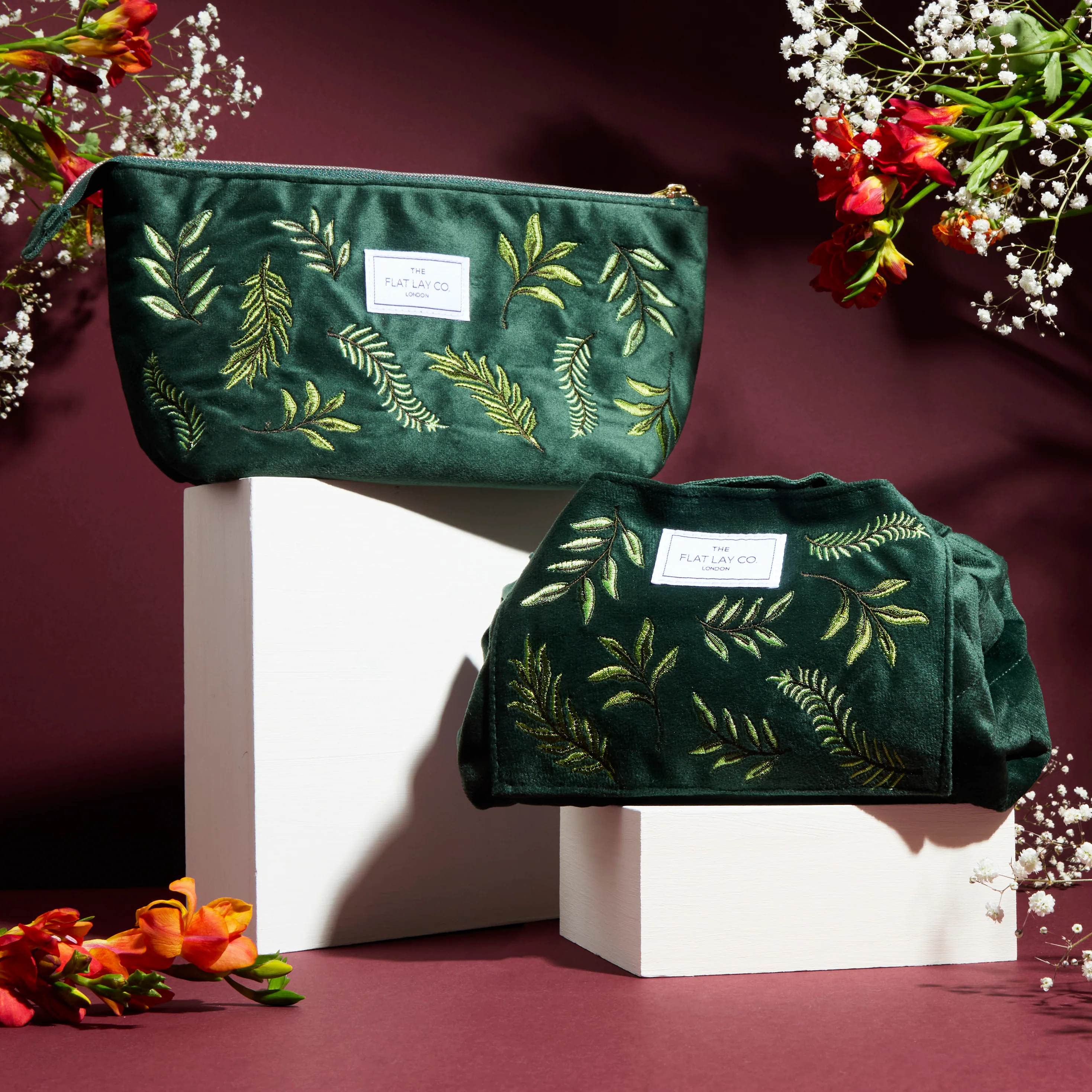 Essential Makeup Pouch - Green Leaves Embroidered Velvet - Image 5