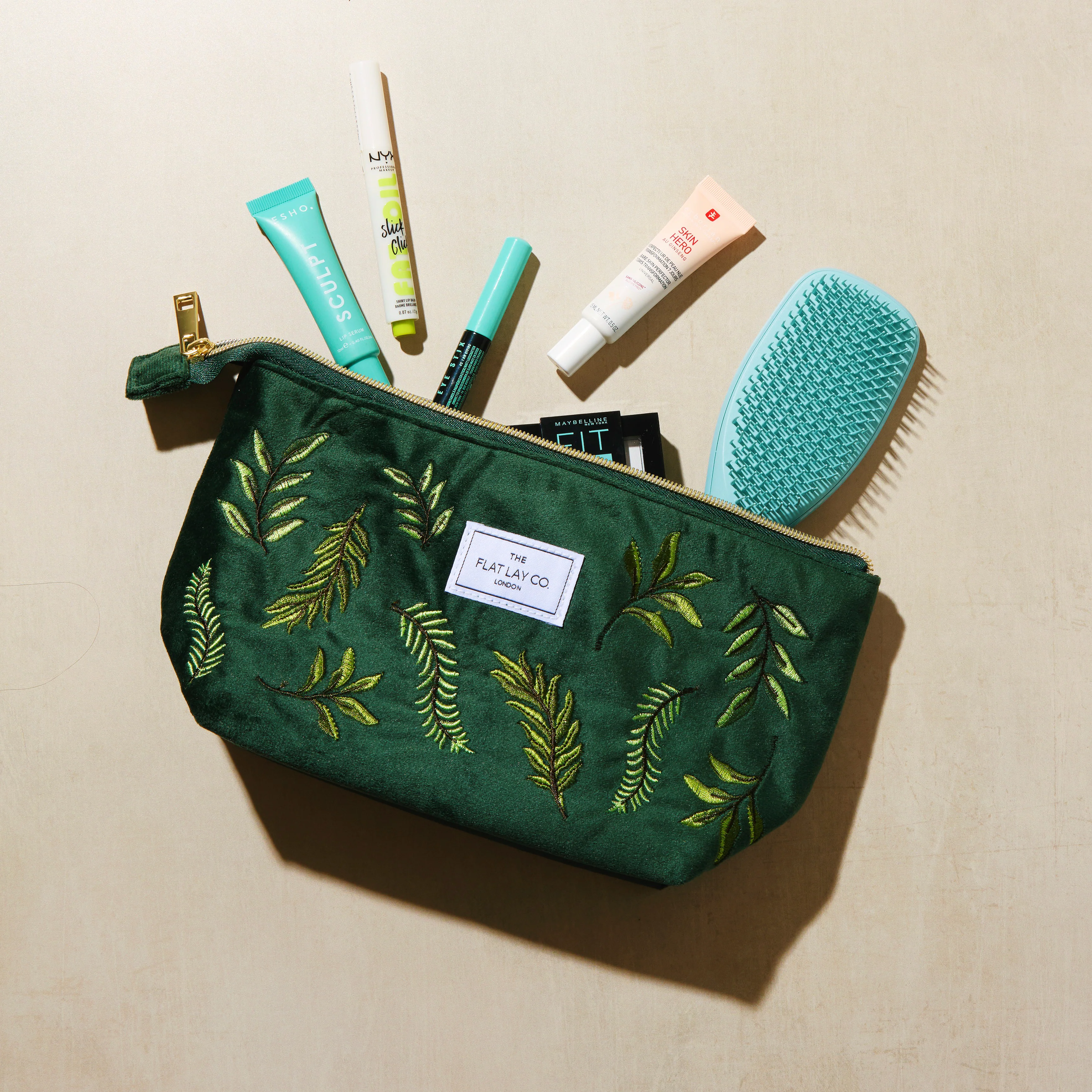 Essential Makeup Pouch - Green Leaves Embroidered Velvet - Image 6