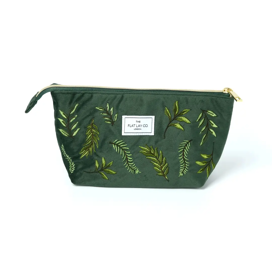 Essential Makeup Pouch - Green Leaves Embroidered Velvet - Image 7